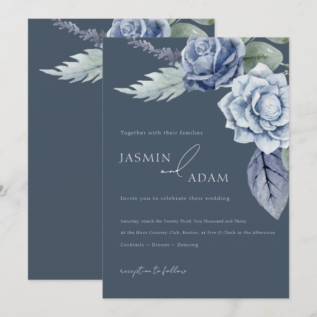 Simple Royal Blue Roses Floral Wedding Invitation (Front/Back)