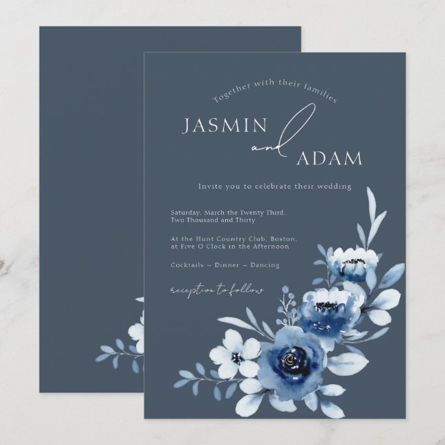Simple Royal Blue Roses Floral Wedding Invitation (Front/Back)