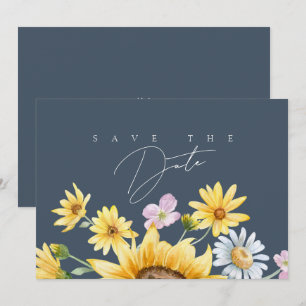 Simple Royal Blue Sunflower Floral Wedding Save The Date