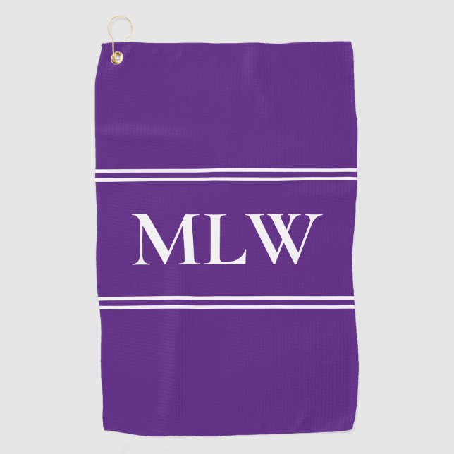Simple Royal Purple  and White Monogram Template Golf Towel (Front)