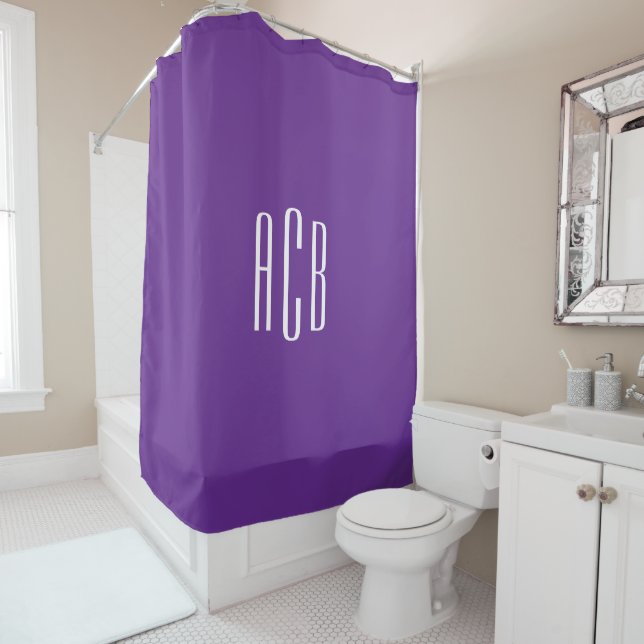 Simple Royal Purple White Three Letter Monogram Shower Curtain (In Situ)
