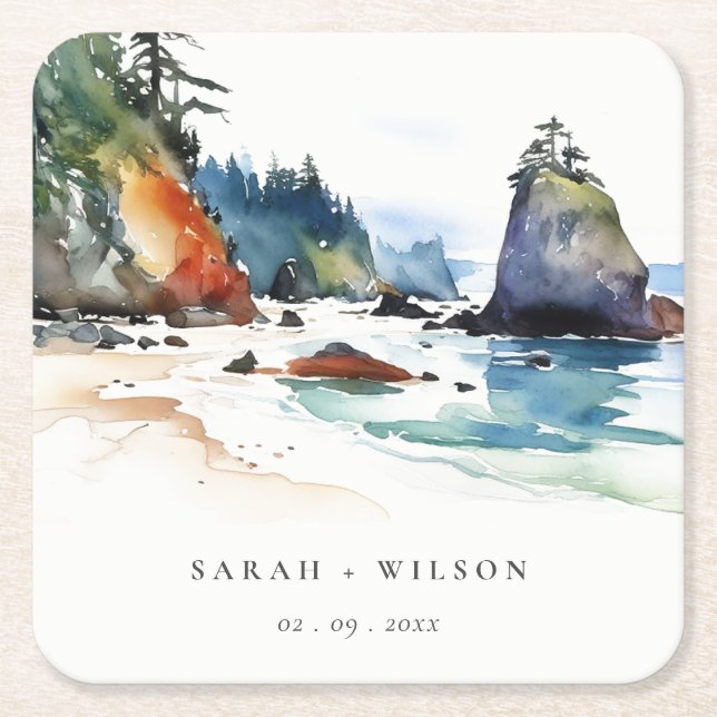 Simple Ruby Beach Olympic National Park Wedding Square Paper Coaster (Front)