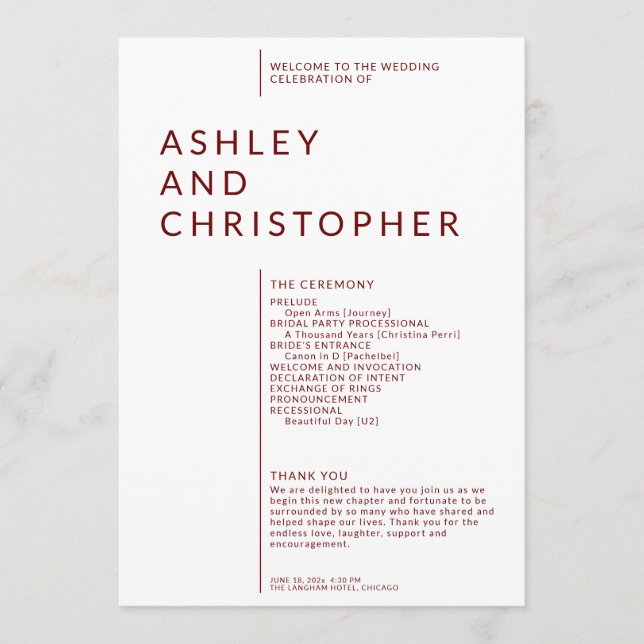 Simple Ruby Red Isolated Names Wedding Ceremony Programme (Front)