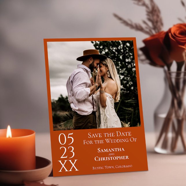 Simple Rust Orange Modern Minimal Photo Wedding Save The Date (Creator Uploaded)