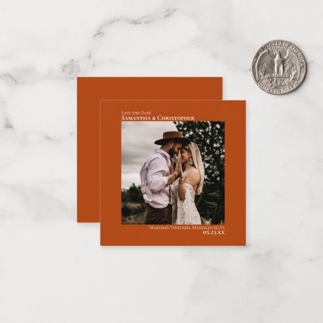 Simple Rust Orange Wedding Save the Date Photo Card (Front/Back In Situ)