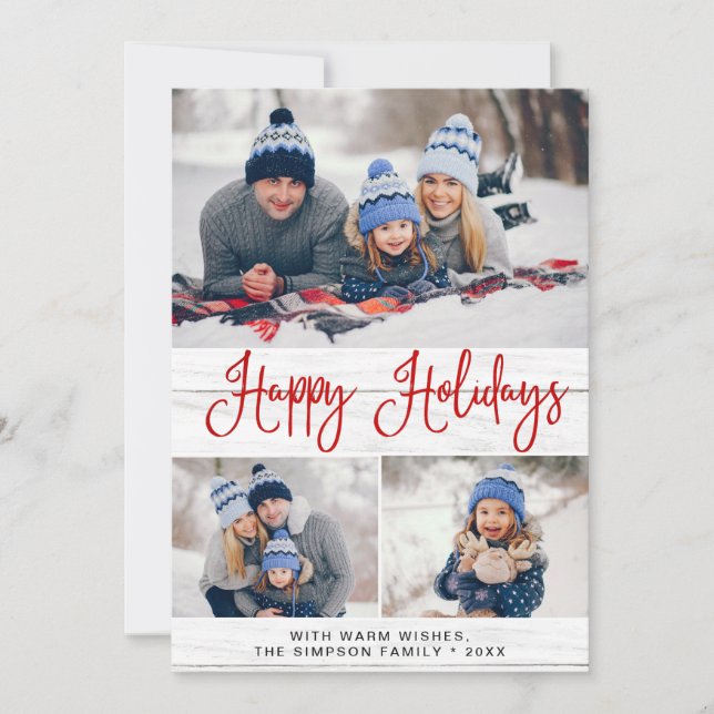 Simple Rustic 3 PHOTO Merry Christmas Greeting Holiday Card (Front)