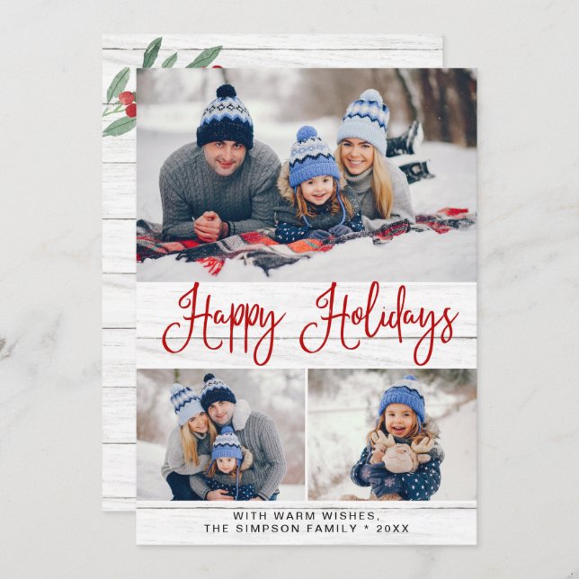 Simple Rustic 3 PHOTO Merry Christmas Greeting Holiday Card (Front/Back)