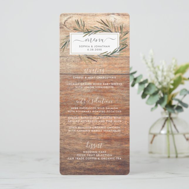 Simple Rustic Barnwood Botanical Herb Wedding Menu (Standing Front)