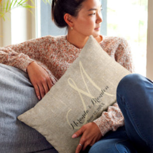 Simple Rustic Beige Burlap Monogram Wedding Lumbar Cushion