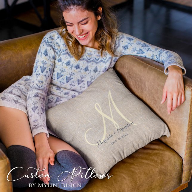 Simple Rustic Beige Burlap Monogrammed Cushion (Creator Uploaded)