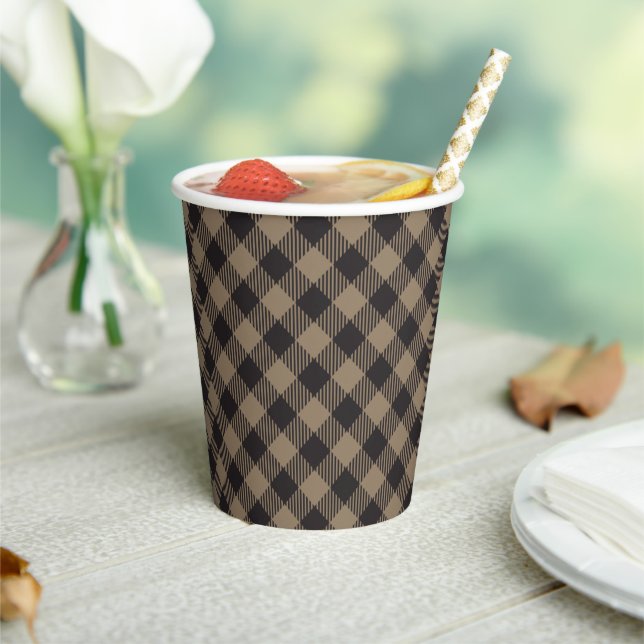 Simple Rustic Black and Khaki Buffalo Plaid Paper Cups (Insitu)