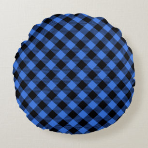Simple Rustic Blue Black Buffalo Plaid Checks Round Cushion