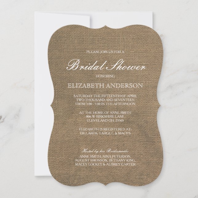 Simple Rustic Burlap Bridal Shower Invitation (Front)