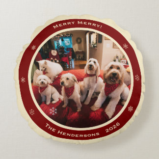 Simple Rustic Custom Photo Name Year Holiday Round Cushion