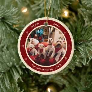 Simple Rustic Custom Photo Year and Greeting Ceramic Tree Decoration