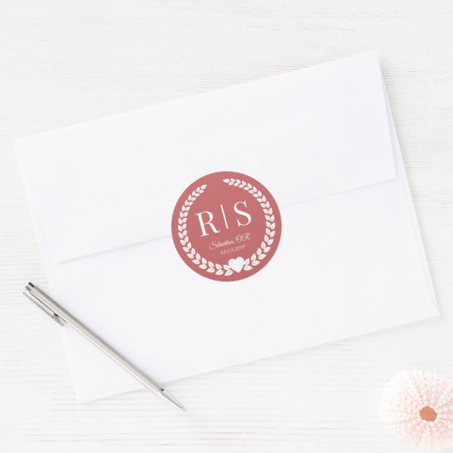 Simple Rustic Dusty Rose Monogram Classic Round Sticker (Envelope)