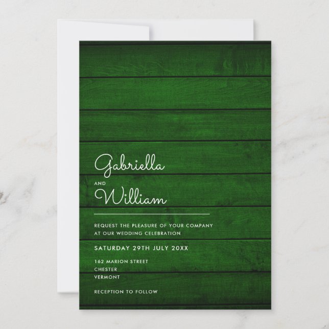 Simple Rustic Emerald Green Wood Wedding Invitation (Front)