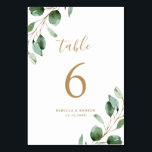 Simple Rustic Eucalyptus Greenery Gold Wedding Table Number<br><div class="desc">Designed to coordinate with our Moody Greenery wedding collection,  this customisable Table Numbers Card features watercolor sage green eucalyptus leaves and paired with a stylish script and classy serif font in gold. To make advanced changes,  go to "Click to customise further" option under Personalise this template.</div>