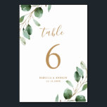Simple Rustic Eucalyptus Greenery Gold Wedding Table Number<br><div class="desc">Designed to coordinate with our Moody Greenery wedding collection,  this customisable Table Numbers Card features watercolor sage green eucalyptus leaves and paired with a stylish script and classy serif font in gold. To make advanced changes,  go to "Click to customise further" option under Personalise this template.</div>