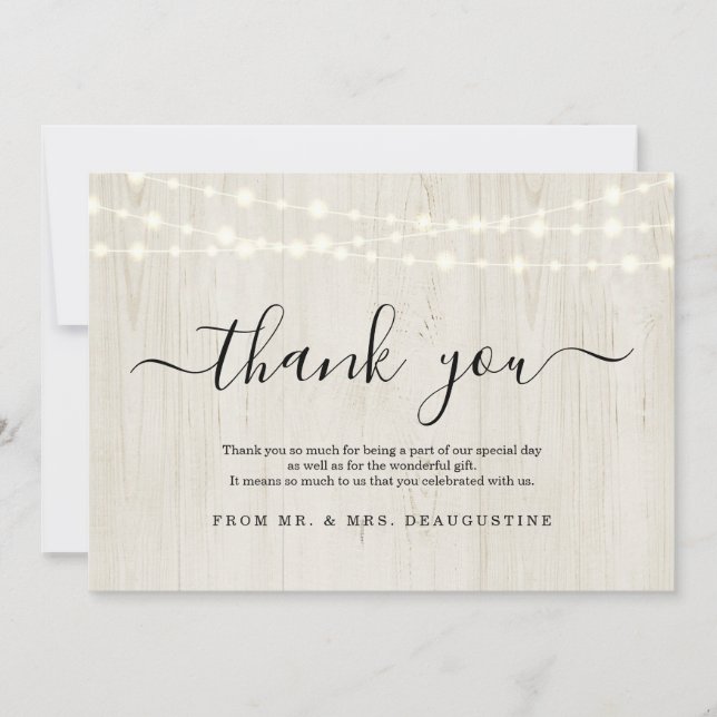 Simple Rustic Fairy Lights on Light Wood Thank You Card (Front)