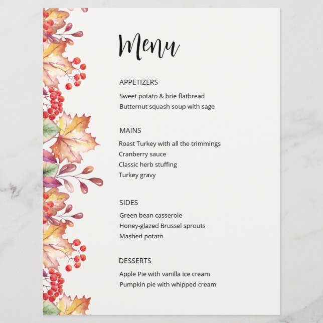 Simple Rustic Fall Border Thanksgiving Dinner Menu (Front)