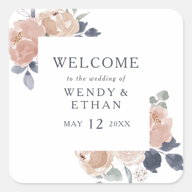 Simple Rustic Floral Wedding Welcome Square Sticker (Front)