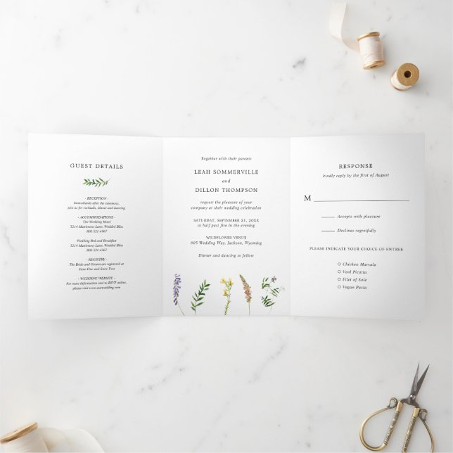 Simple Rustic Floral Wildflower Elegant Wedding Tri-Fold Invitation (Inside)