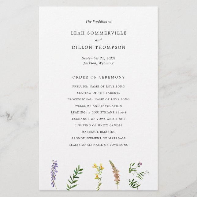 Simple Rustic Floral Wildflower Wedding Program (Front)