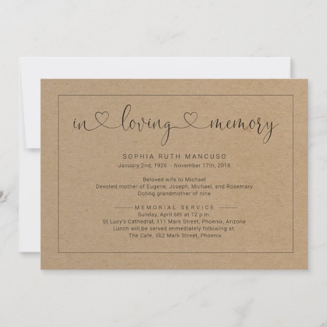 Simple Rustic Funeral Announcement Invitation (Front)