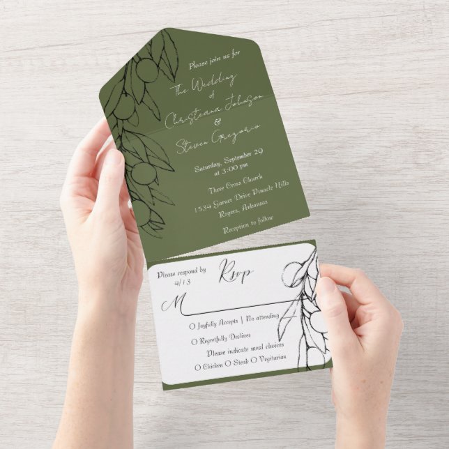 Simple Rustic Green and Black Olive Branch All In One Invitation (Tearaway)