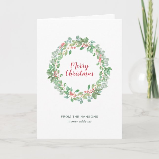 Simple Rustic Greenery Wreath Merry Christmas Holiday Card (Front)