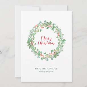 Simple Rustic Greenery Wreath Merry Christmas Holiday Card