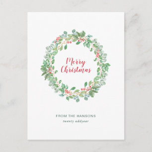 Simple Rustic Greenery Wreath Merry Christmas Holiday Postcard