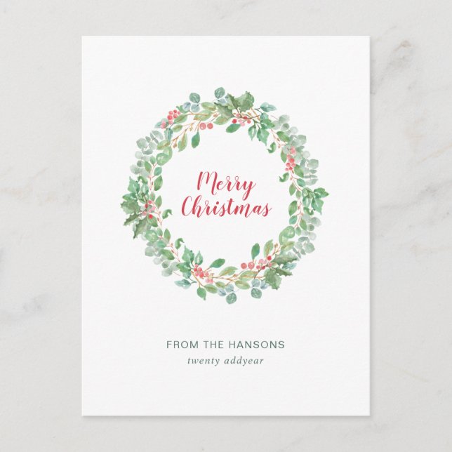 Simple Rustic Greenery Wreath Merry Christmas Holiday Postcard (Front)