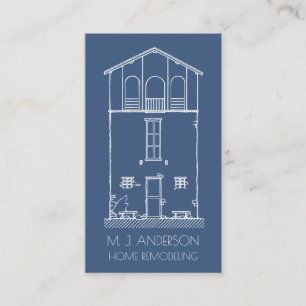Simple Rustic House Blueprint Vertical Navy Blue Business Card