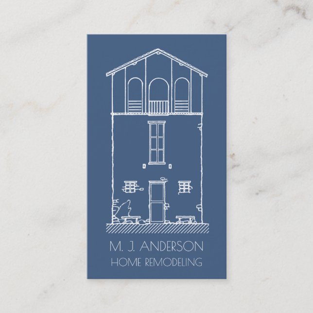 Simple Rustic House Blueprint Vertical Navy Blue Business Card (Front)