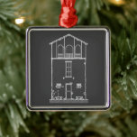 Simple Rustic House Modern Chalkboard Drawing Metal Tree Decoration<br><div class="desc">Tiny House Grey and White Chalkboard Drawing Square Metal Christmas Ornament. This image is from my original ink on mylar hand drawing of a small rustic cottage with charming architectural details and small stone benches each side of door. I modified the image digitally to look like a white chalk drawing...</div>