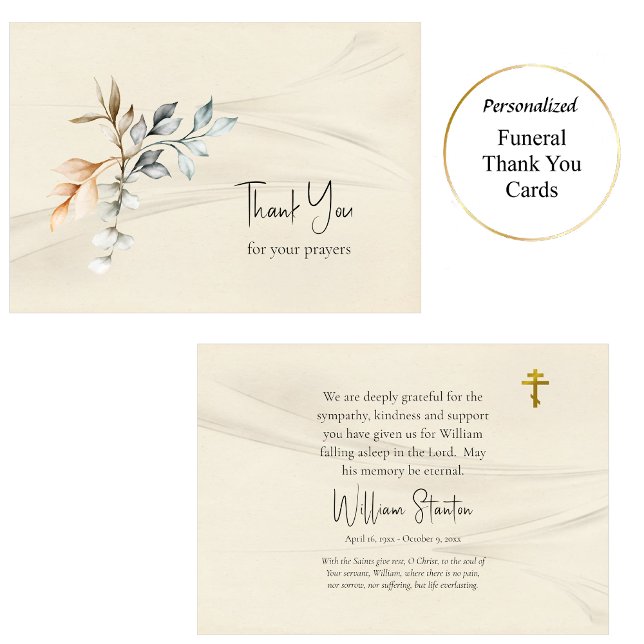 Simple Rustic Leaves Parchment Orthodox Funeral    Thank You Card (Creator Uploaded)