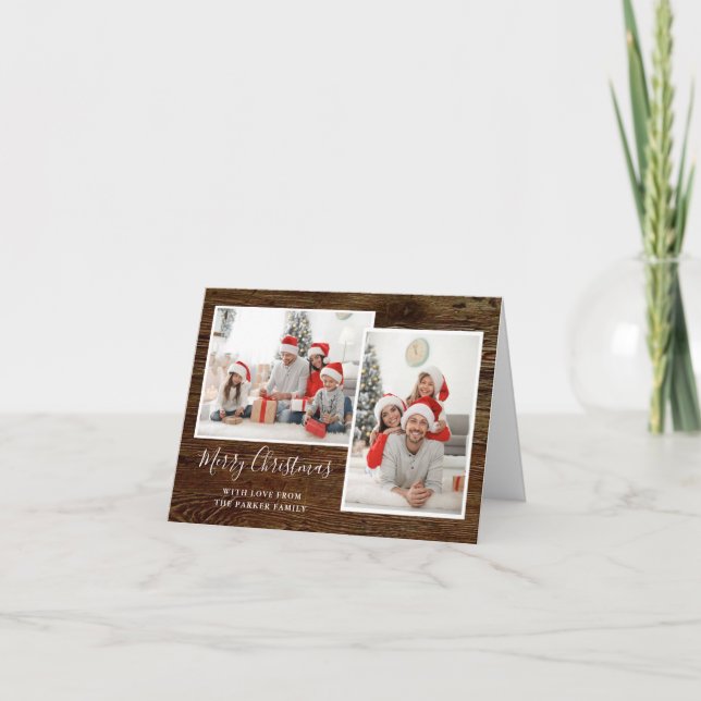 Simple Rustic Look Two Photo Merry Christmas Holiday Card (Front)