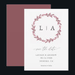 Simple Rustic Mauve Modern Greenery Save The Date<br><div class="desc">Beautiful,  simple,  rustic wedding save the date with mauve-cranberry wreath and initials. Fully customisable with names,  dates,  location and colours to match your wedding theme.</div>