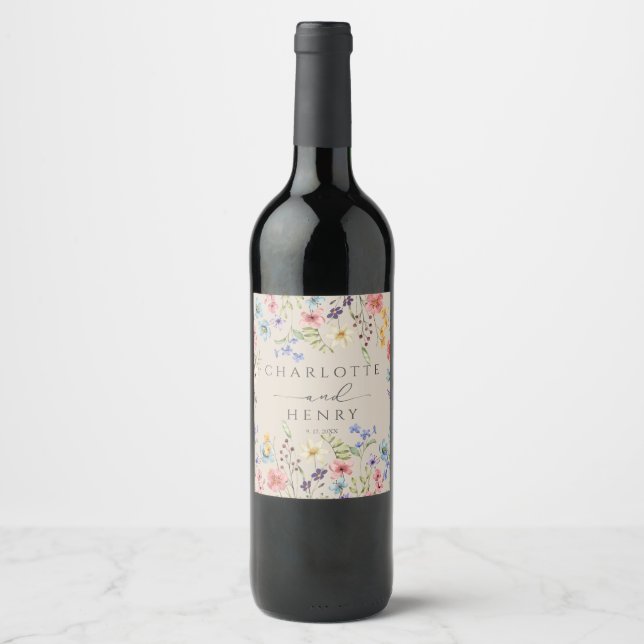 Simple Rustic Modern Wildflowers Garden Wedding Wine Label (Front)