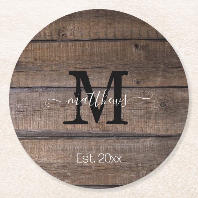 Simple Rustic Monogram Script Family Name Custom  Round Paper Coaster (Front)
