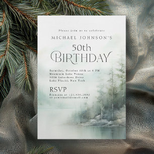 Simple Rustic Mountain Lake 50th Birthday Invitation