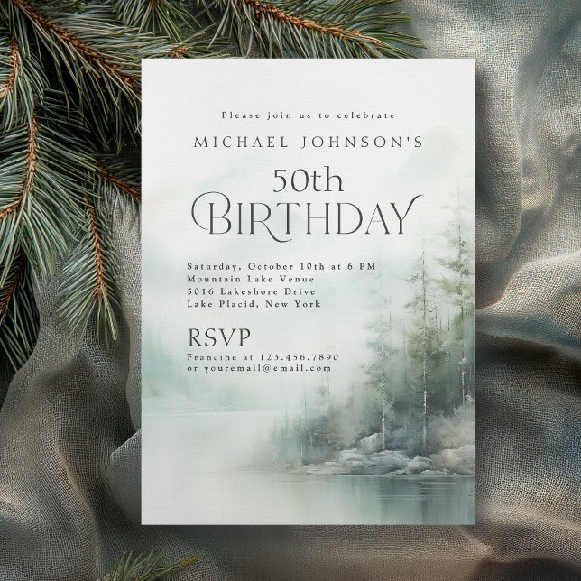 Simple Rustic Mountain Lake 50th Birthday Invitation (Available in both printed and instant download digital formats.)