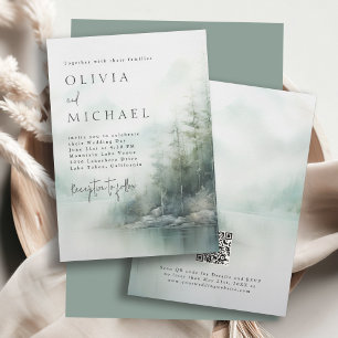Simple Rustic Mountain Lake Misty Pines Wedding Invitation