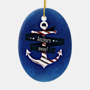 Simple Rustic Navy Blue Nautical Anchor Print Ceramic Tree Decoration