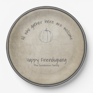 Simple Rustic pumpkin Friendsgiving Handwritten Paper Plate