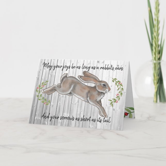 Simple Rustic Rabbit Leaf Wood Christmas New Years Holiday Card (Front)