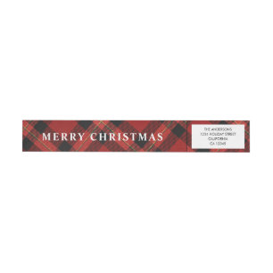 Simple Rustic Red Buffalo Plaid Merry Christmas Wrap Around Label