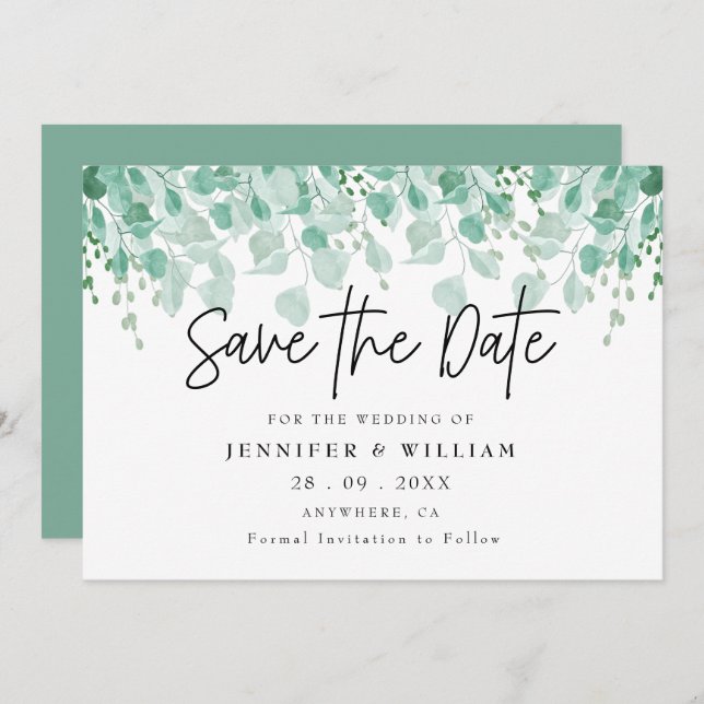 Simple Rustic Sage Green Eucalyptus Save the Date Invitation (Front/Back)